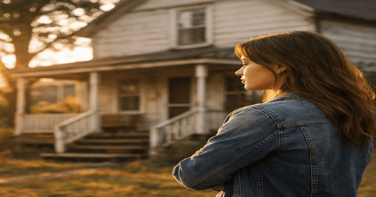 Young woman standing outside an old childhood home, looking thoughtful and reflective,