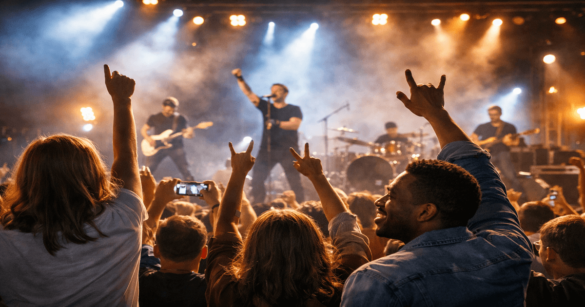 A diverse crowd of people enjoying a live music concert.